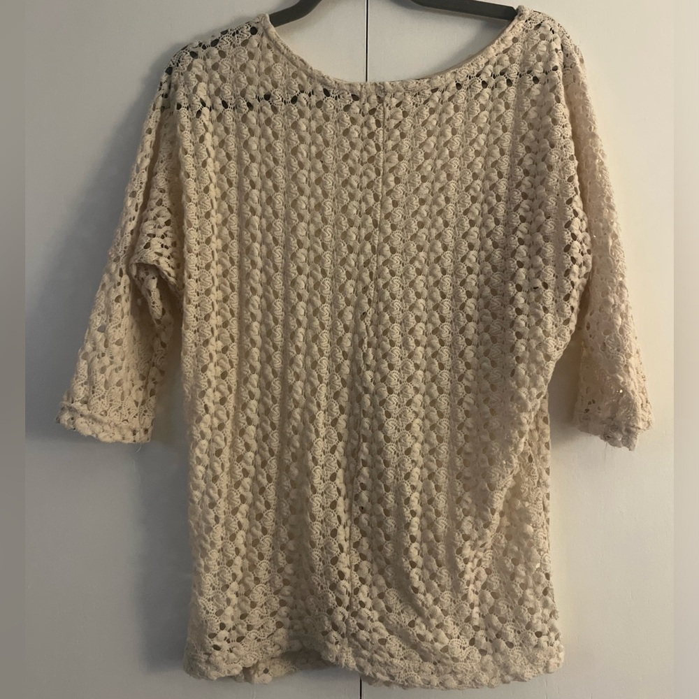 Sheer Crochet Lace Top - Taupe Cream - Petite - Blouse or Swimsuit Cover Up
